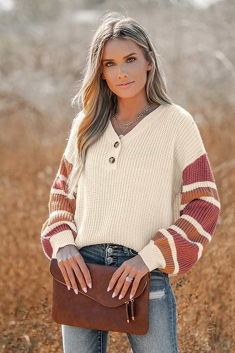 V-Neck Buttoned Striped Sweater