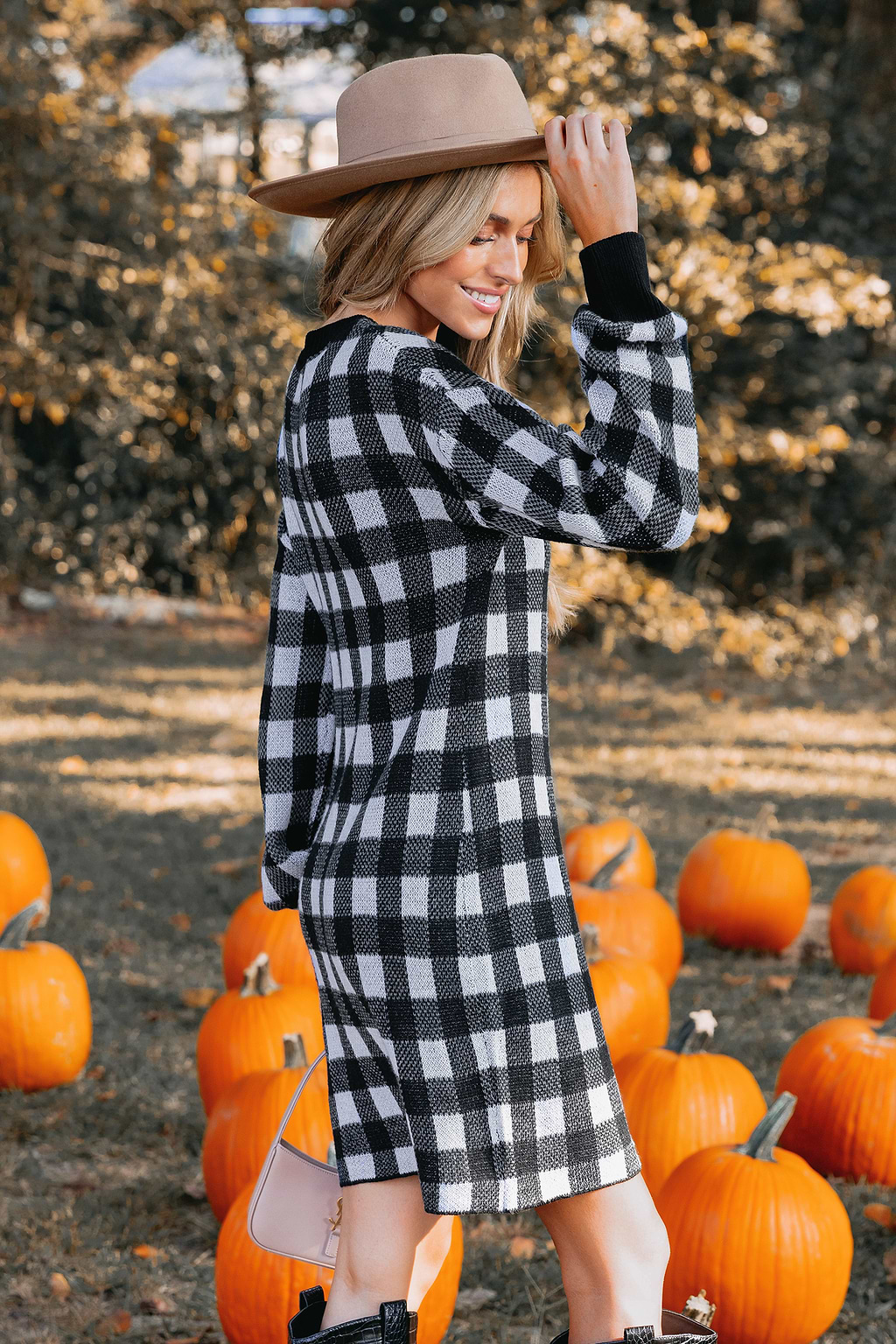 Buffalo Plaid Drop Sleeve Sweater Dress