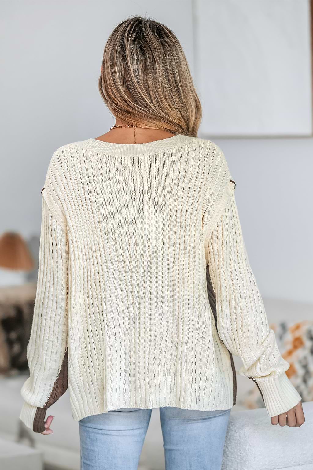 Contrast Trim Ribbed V-Neck Pullover