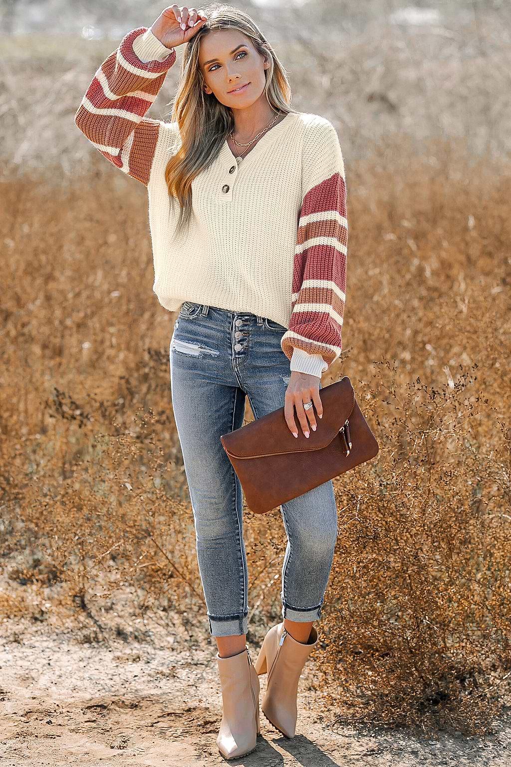 V-Neck Buttoned Striped Sweater