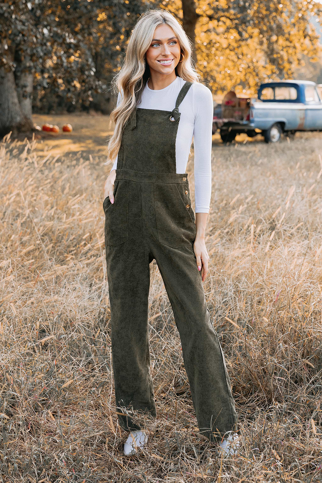 Olive Corduroy Tie Strap Overalls