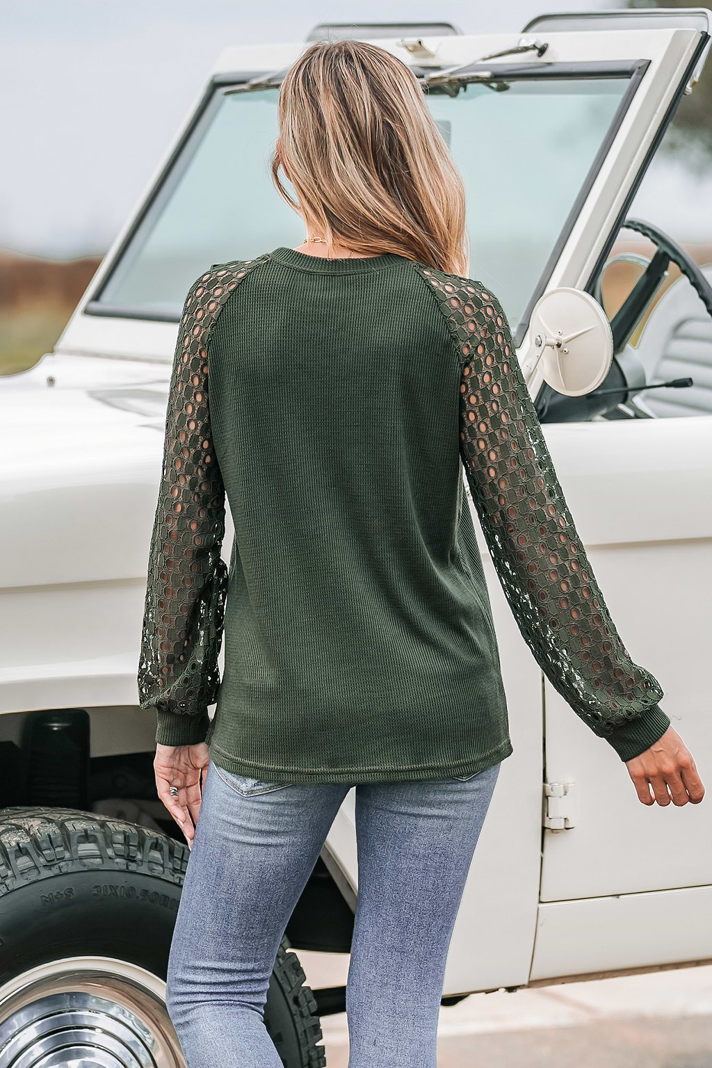 Olive Green Cutout Lace Sleeve Tee