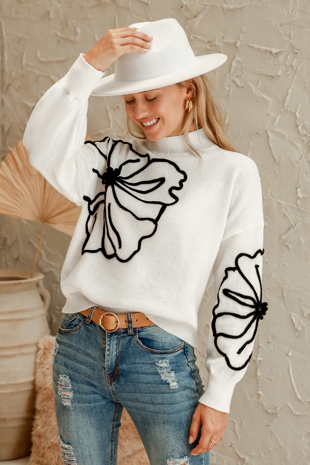 Floral Embroidery Turtleneck Sweater