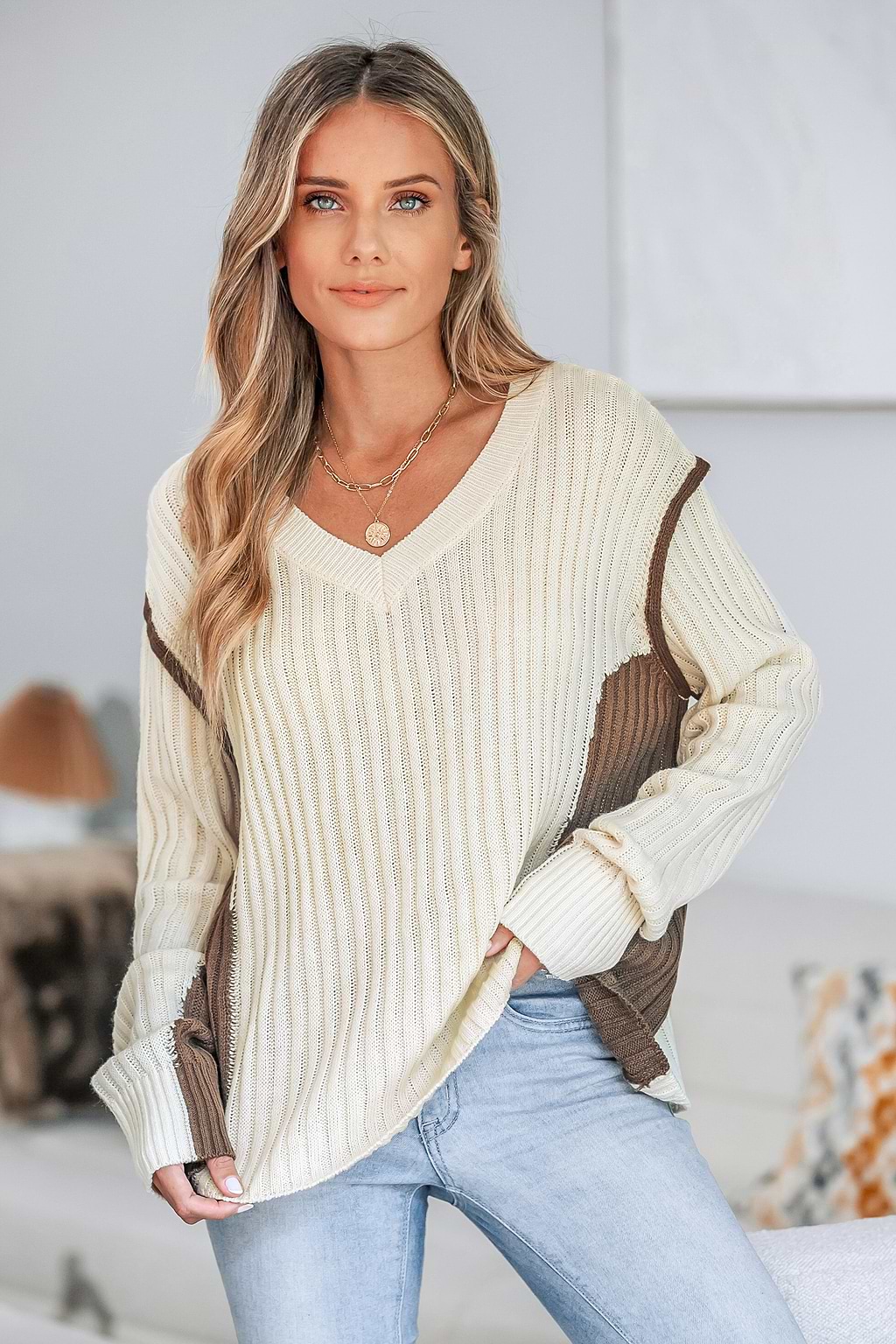 Contrast Trim Ribbed V-Neck Pullover