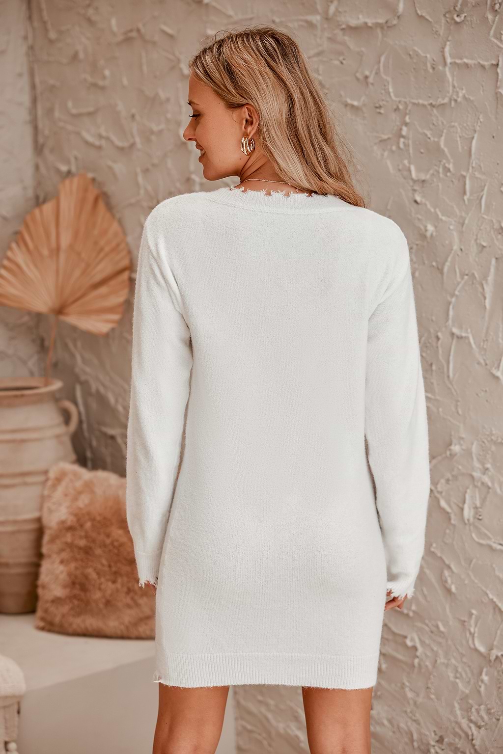 Frayed V-Neck Mini Sweater Dress