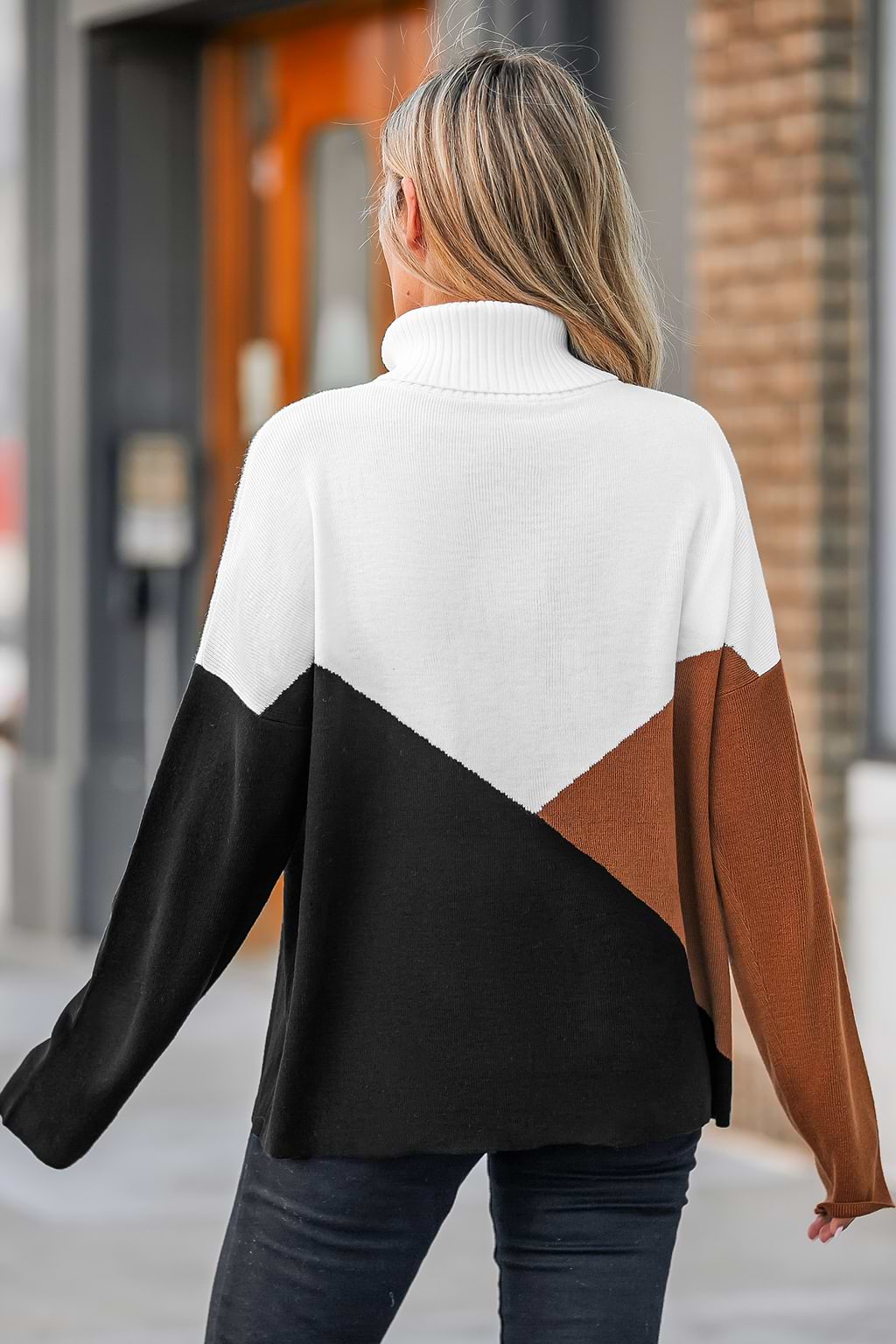 Geometric Colorblock Turtleneck Sweater