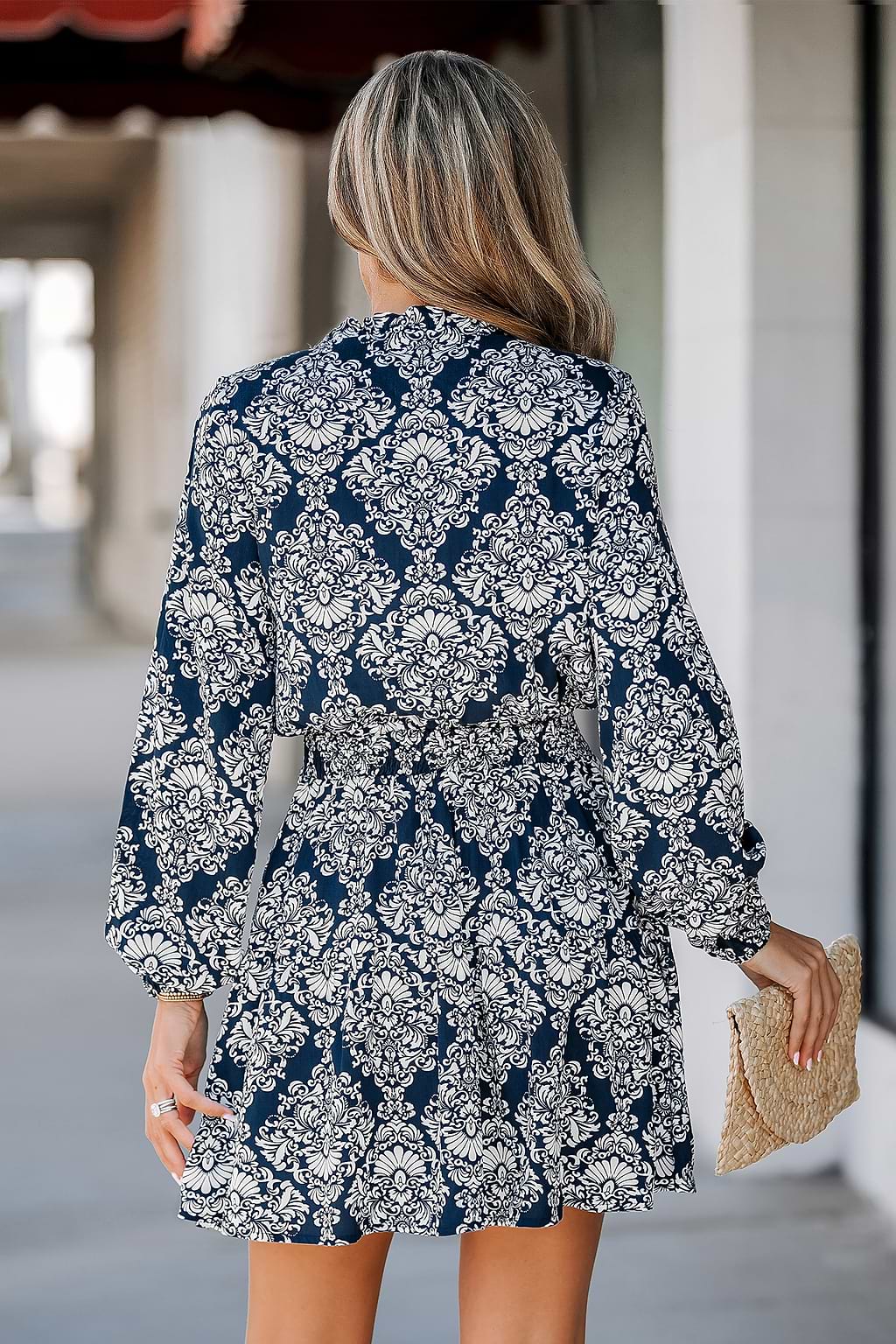 Ornate Print Smocked Mini A-line Dress