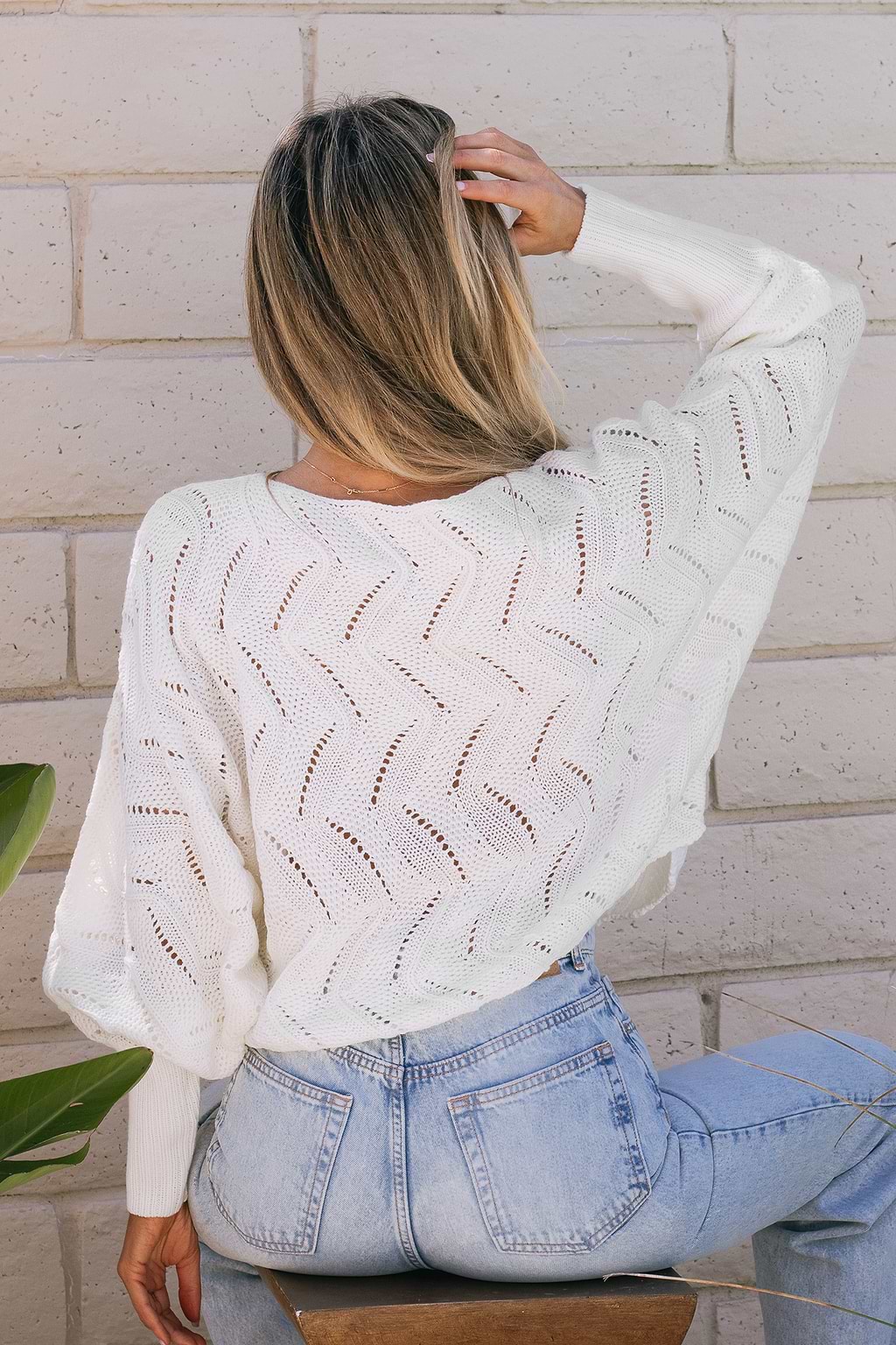 Wavy Pointelle Knit Bishop Sleeve Sweater