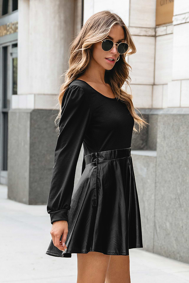 Faux Leather Long Sleeve A-Line Dress Faux Leather Long Sleeve A-Line Dress