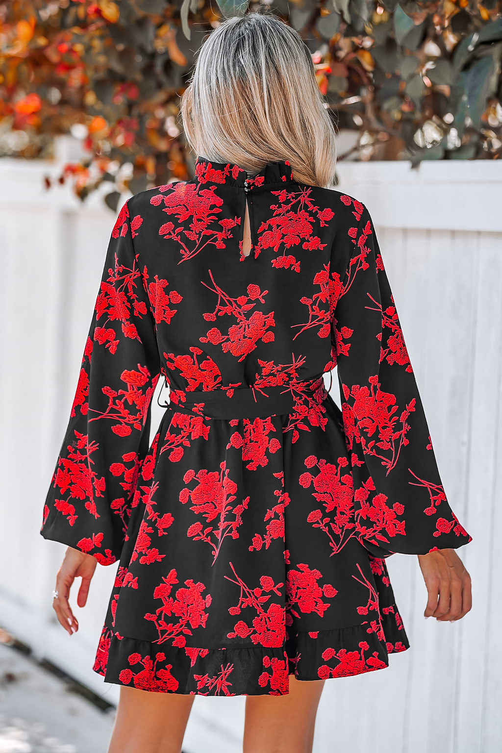 Floral Print Mock Neck Belted Mini Dress