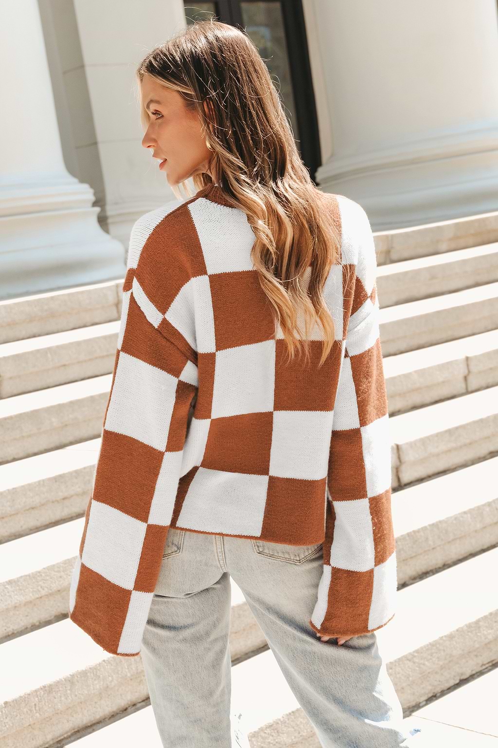 Checkered Flare Sleeve Sweater