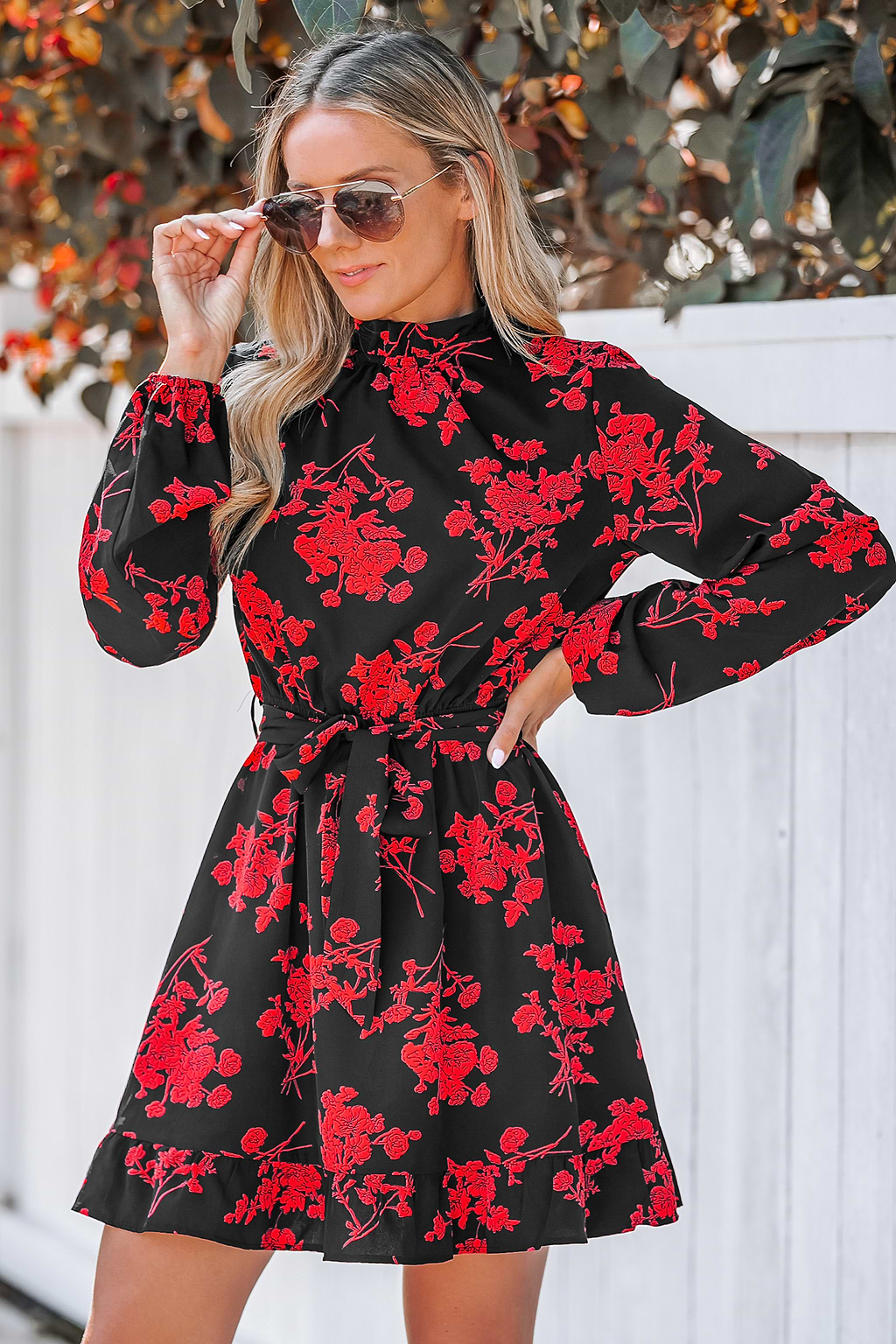 Floral Print Mock Neck Belted Mini Dress
