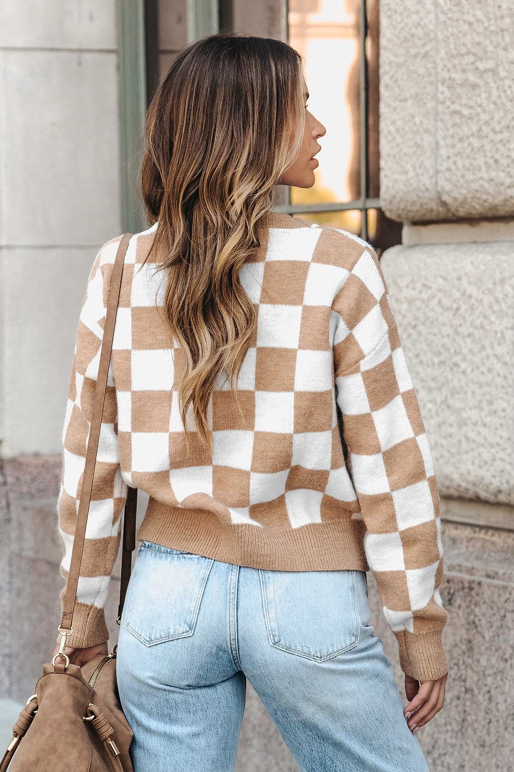 Karierte Strickjacke mit Knopfleiste