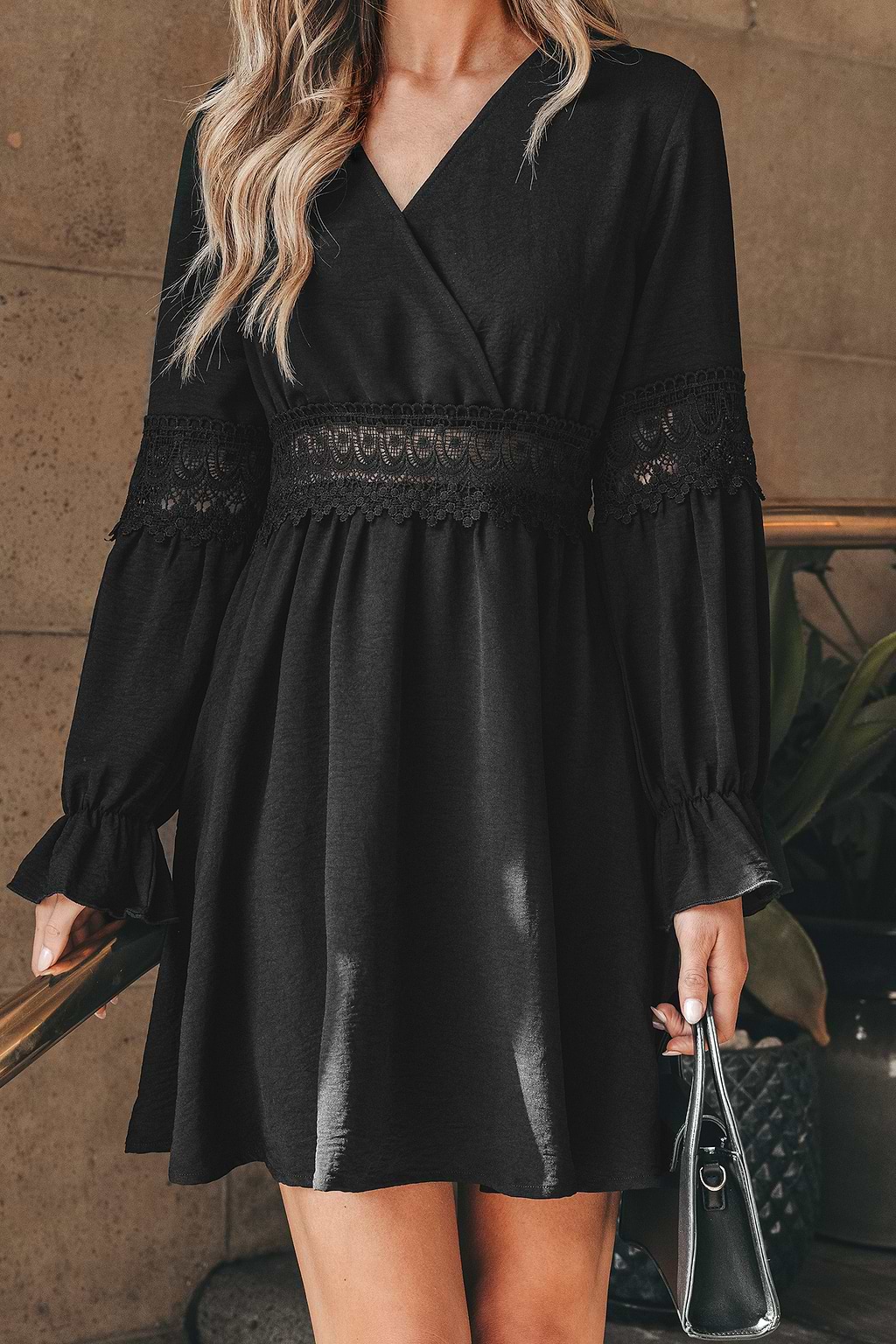 Embroidered Lace Trumpet Sleeve Dress