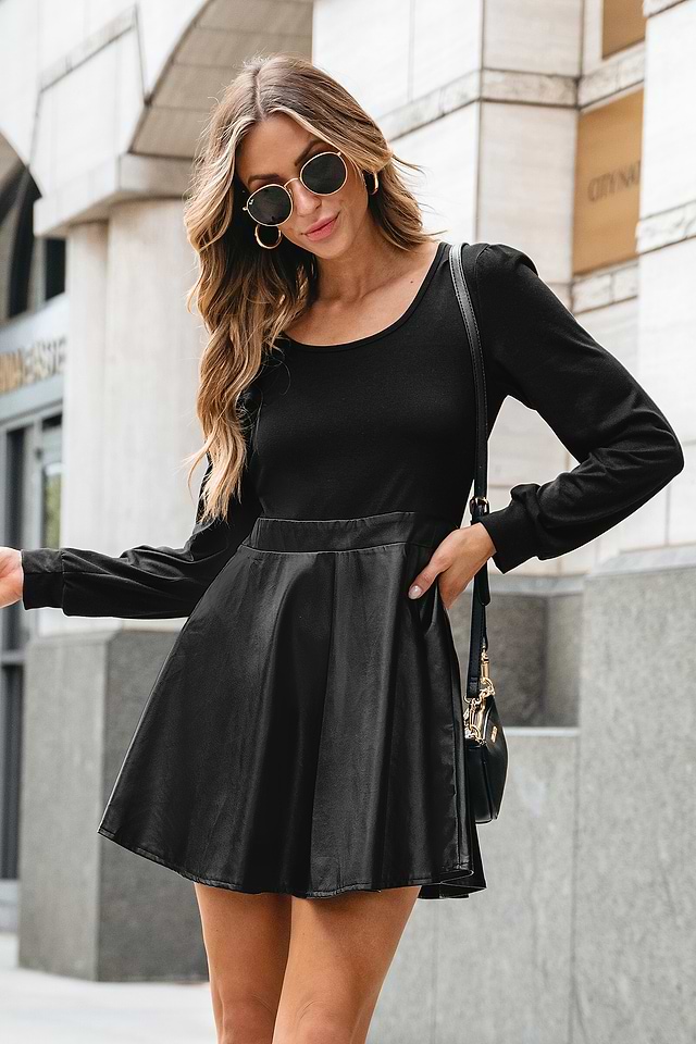 Faux Leather Long Sleeve A-Line Dress