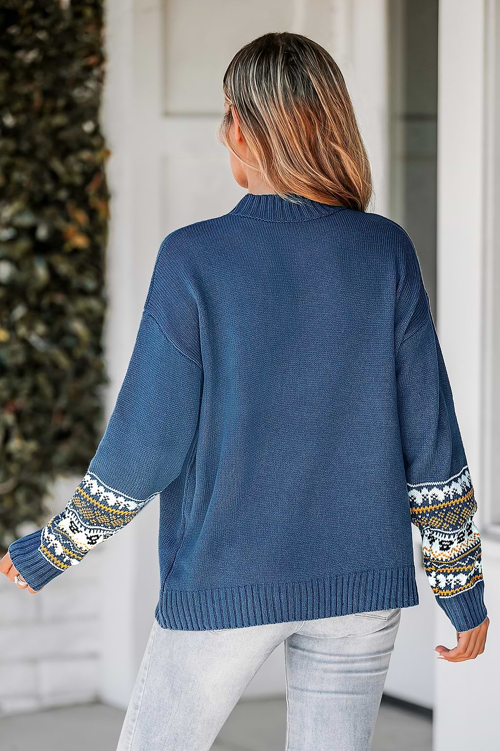 Fair Isle Trim Mock Neck Sweater