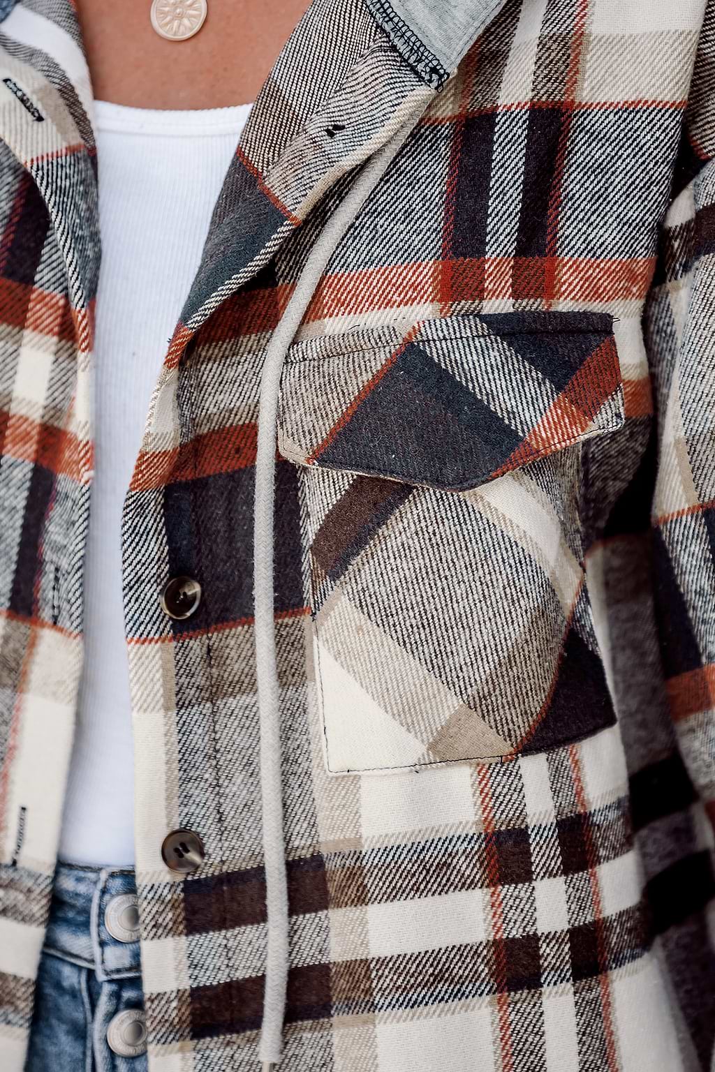 Plaid Drawstring Hooded Jacket