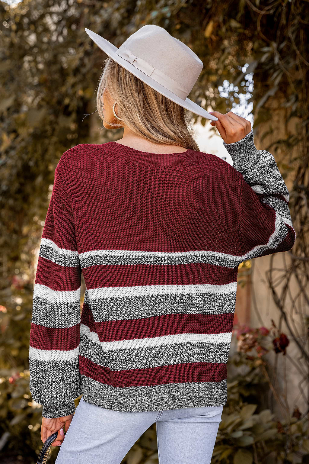 Burgundy Striped Ribbed V-Neck Sweater
