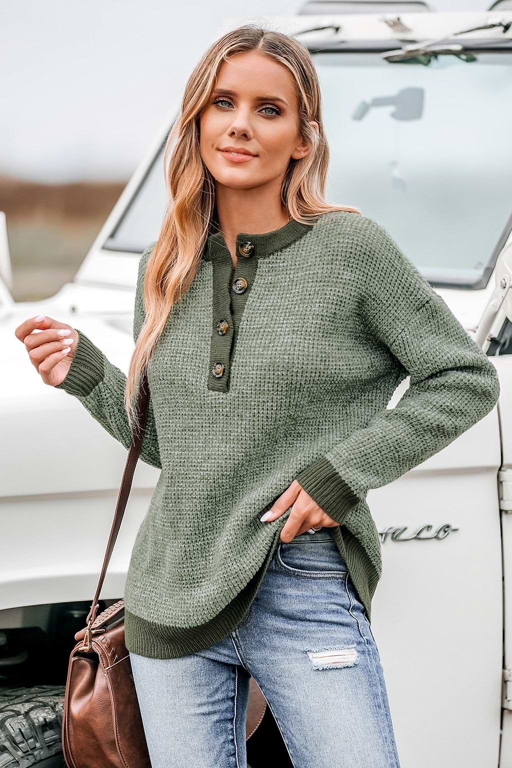 Marled Drop Sleeve Henley Sweater