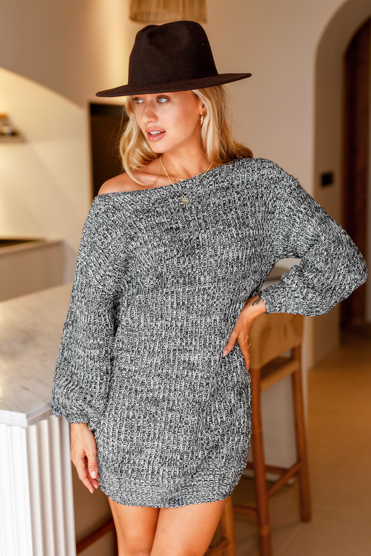 Marled Knit One-Shoulder Sweater Dress