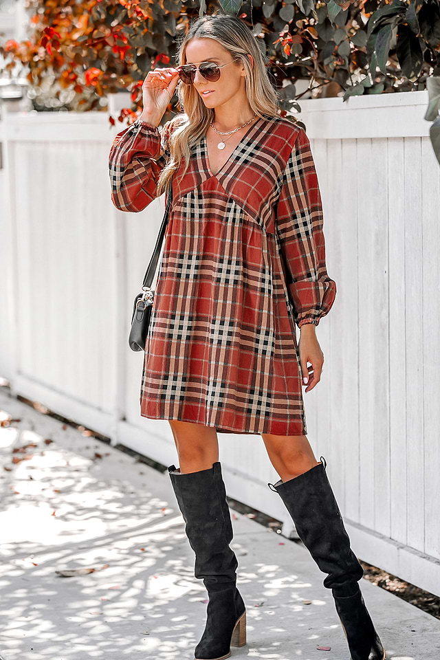 Plaid V-Neck Peasant Sleeve Dress