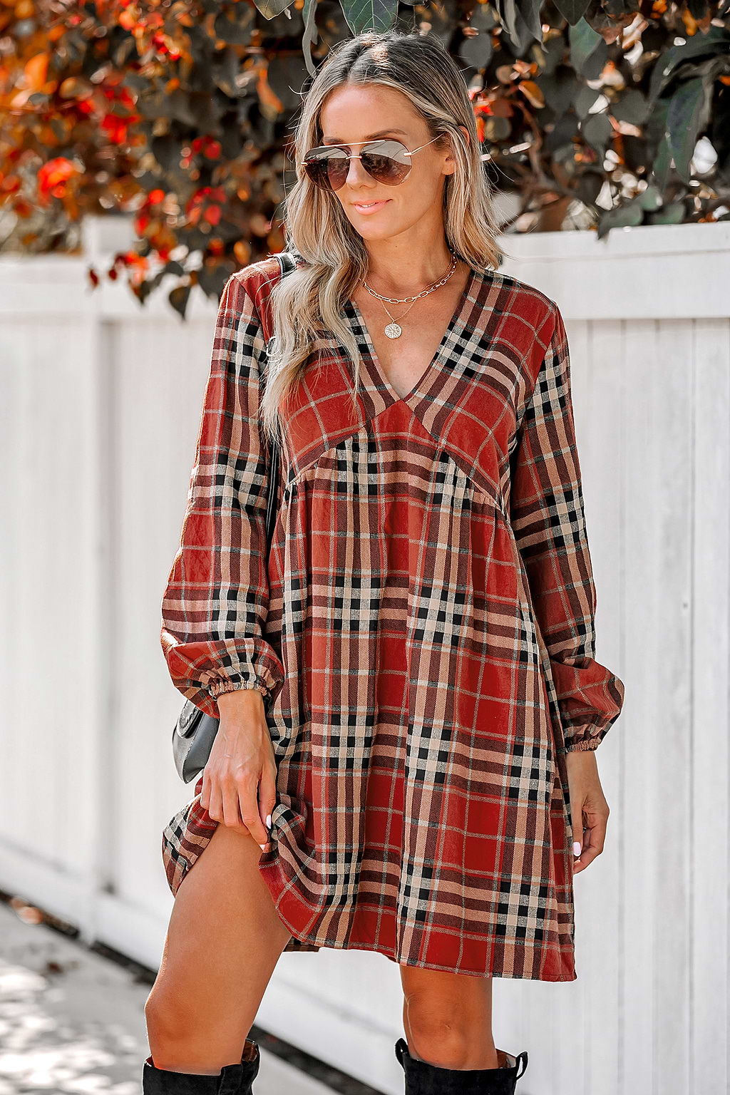 Plaid V-Neck Peasant Sleeve Dress