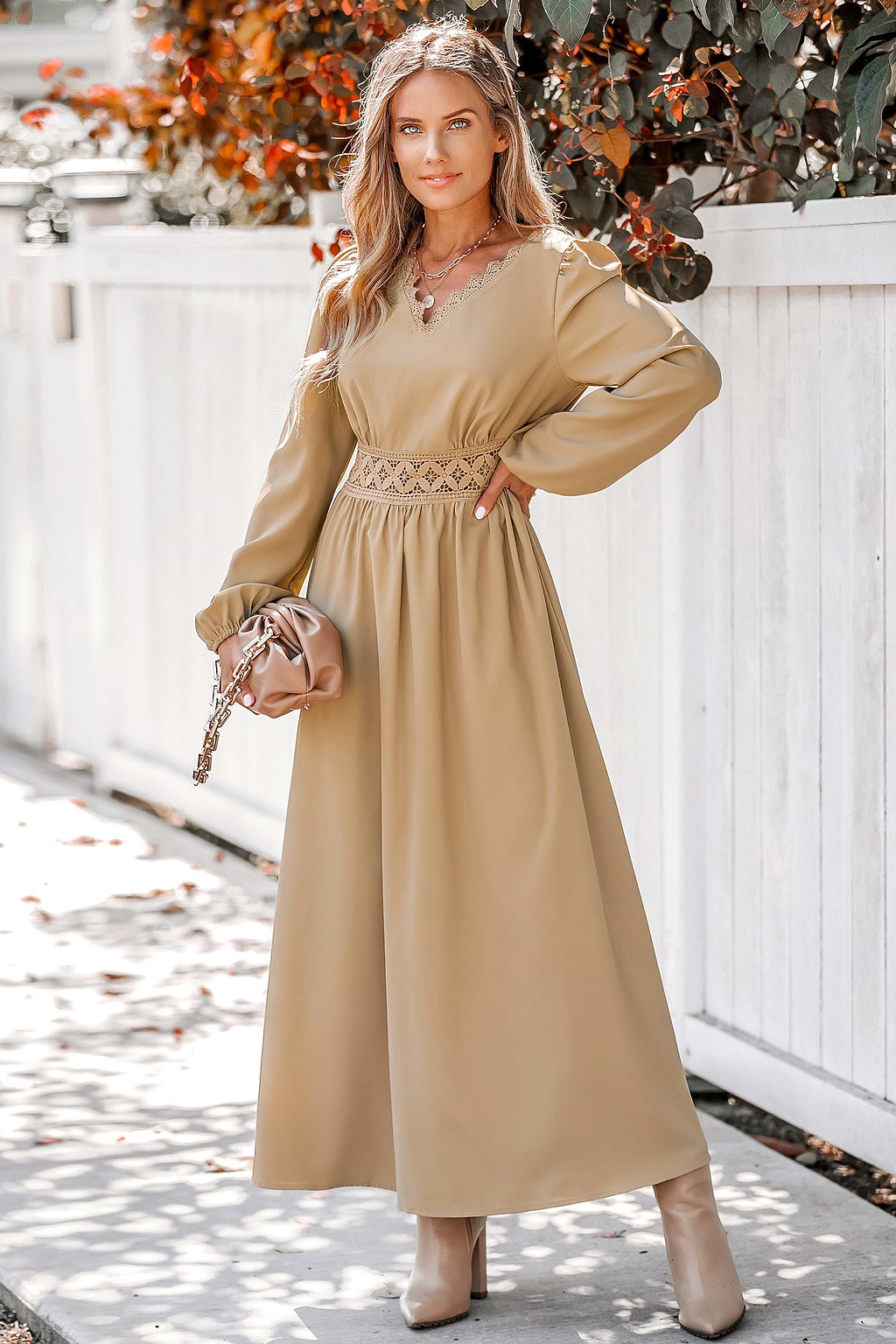 Sand Embroidered Lace Maxi Dress