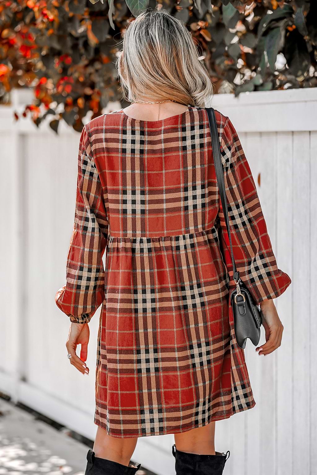 Plaid V-Neck Peasant Sleeve Dress