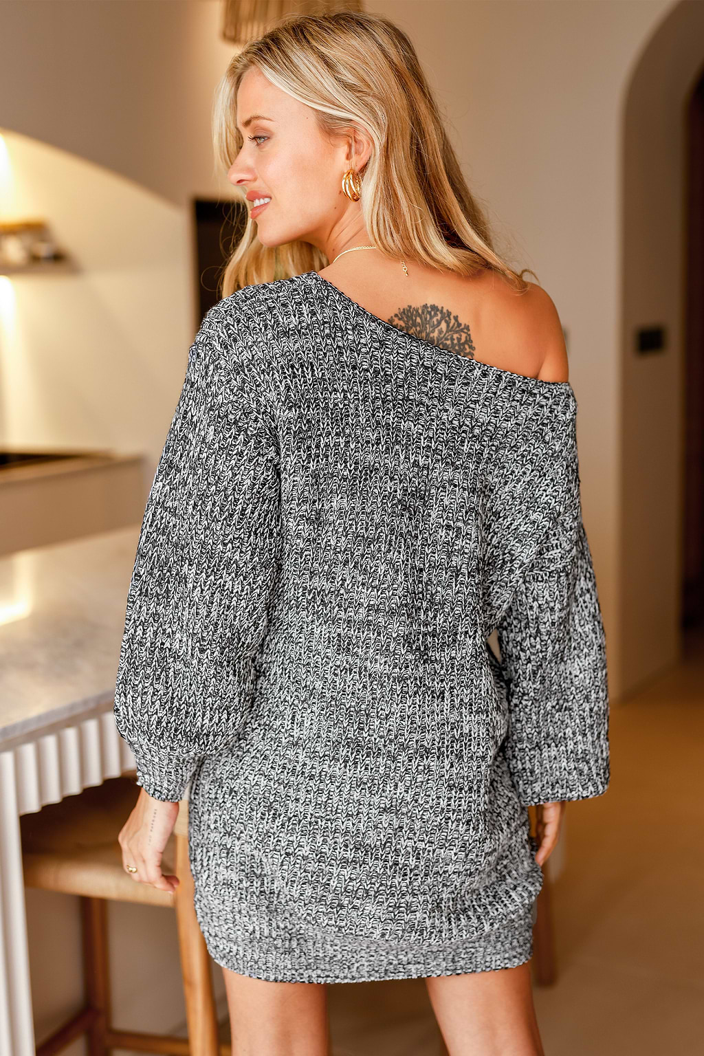 Marled Knit One-Shoulder Sweater Dress