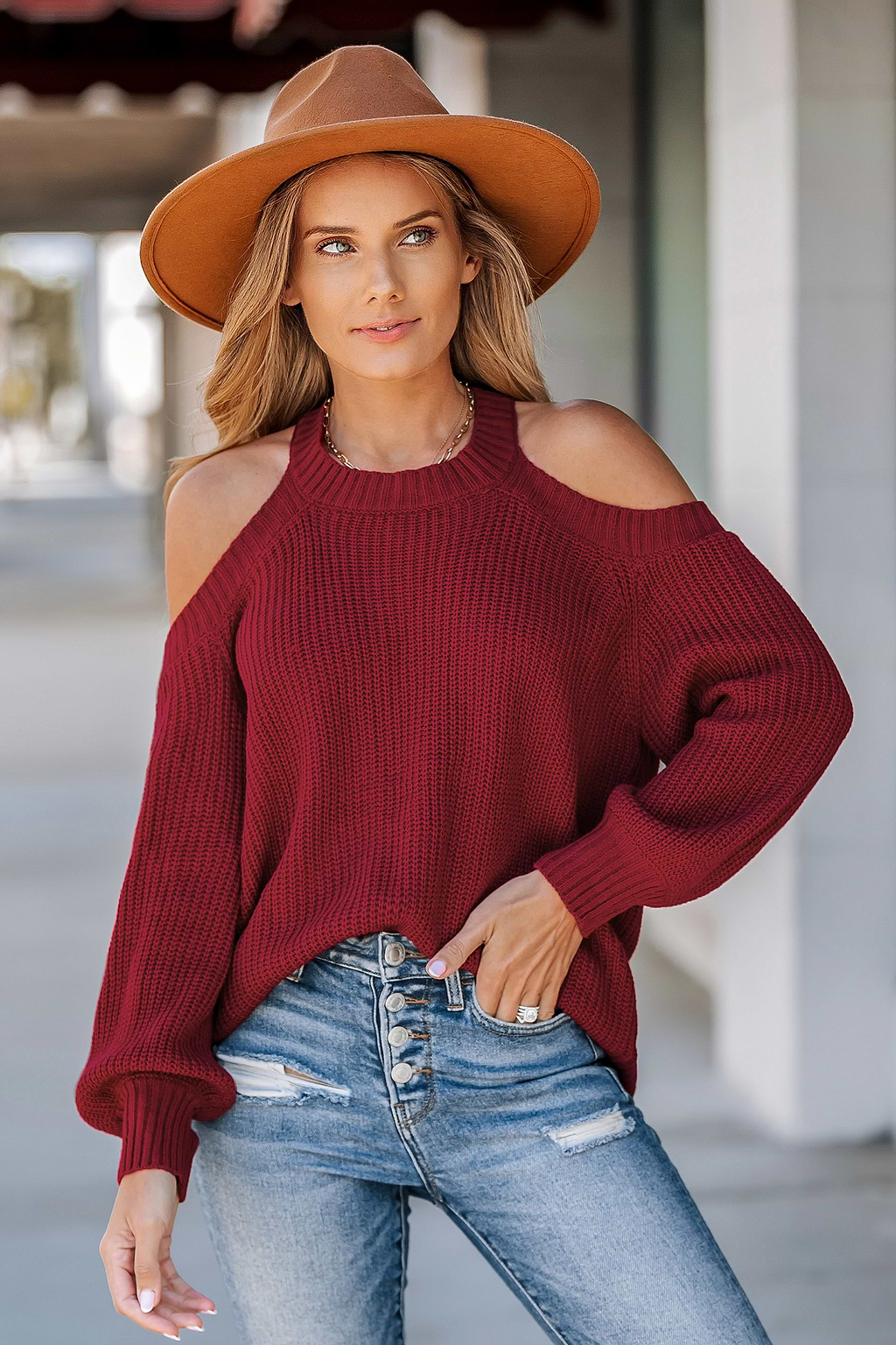 Crimson Open-Shoulder Sweater