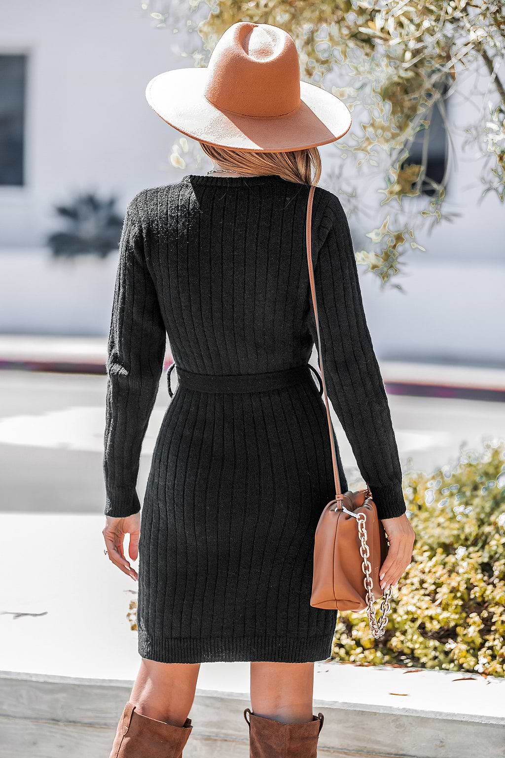 Ribbed Belted Mini Sweater Dress