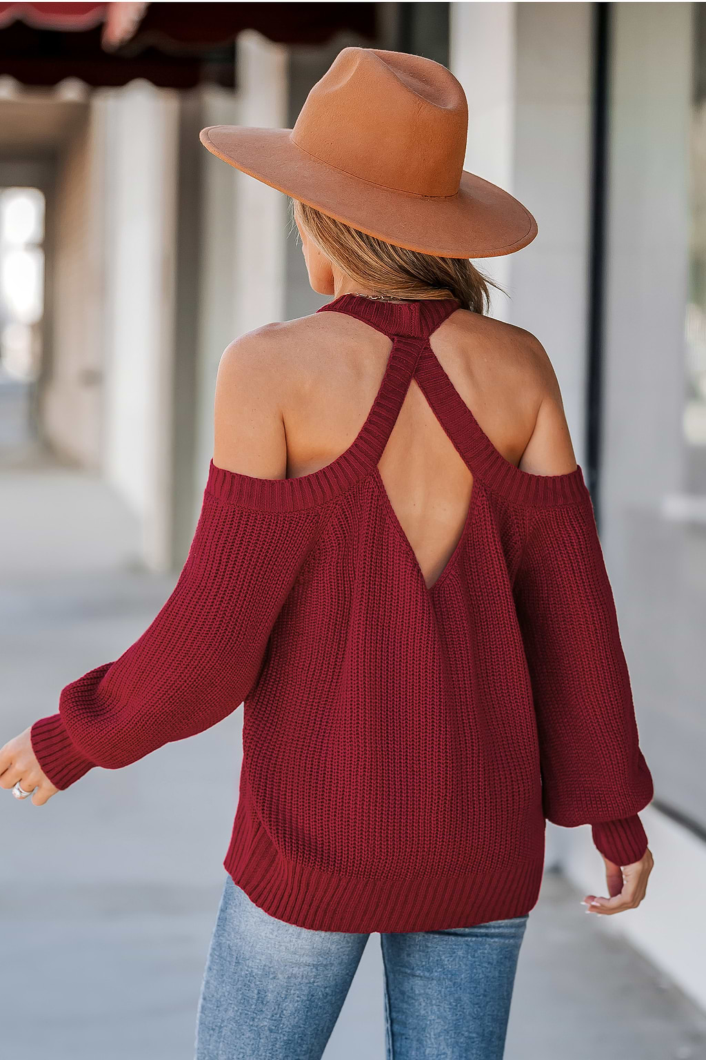 Crimson Open-Shoulder Sweater