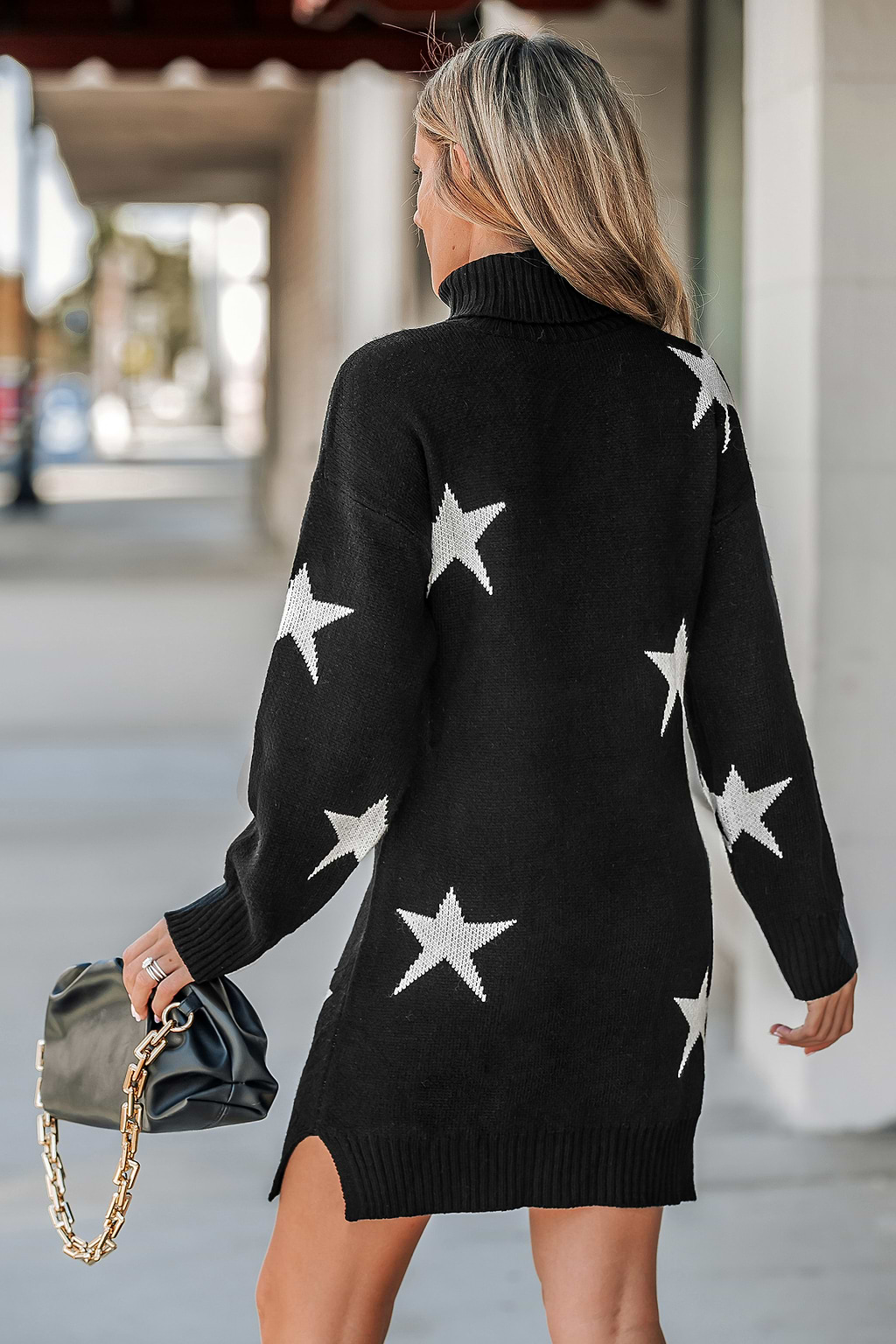 Star Print Turtleneck Mini Sweater Dress