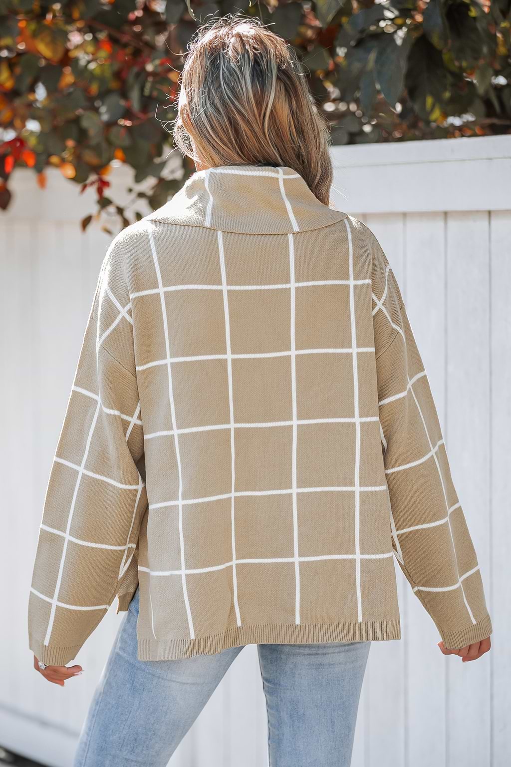 Grid Print Drop Sleeve Turtleneck Sweater