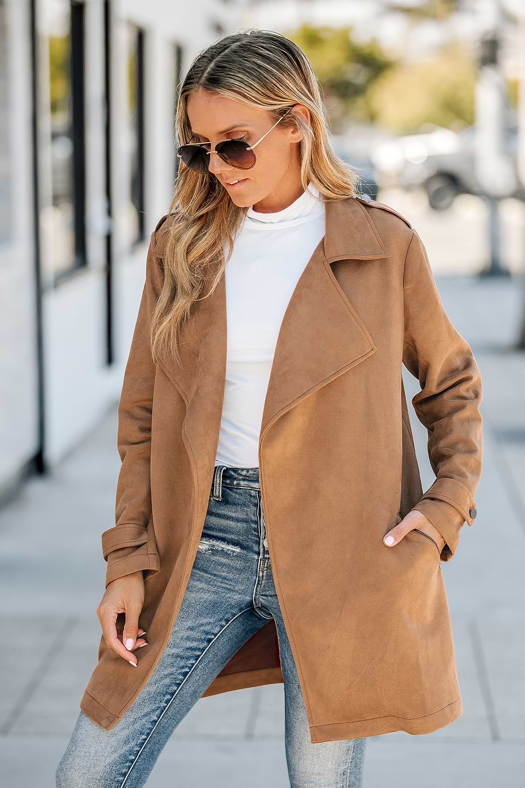 Faux Suede Open-Front Trench Coat