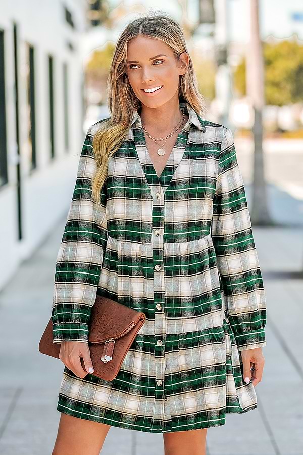Plaid V-Neck Mini Shirt Dress
