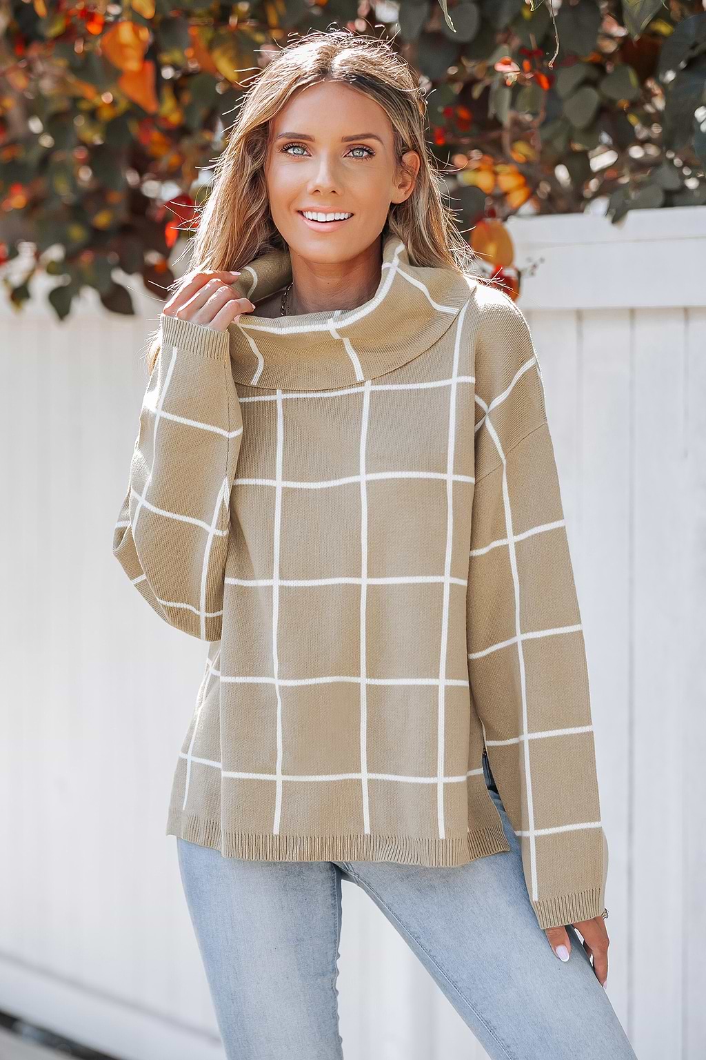 Grid Print Drop Sleeve Turtleneck Sweater