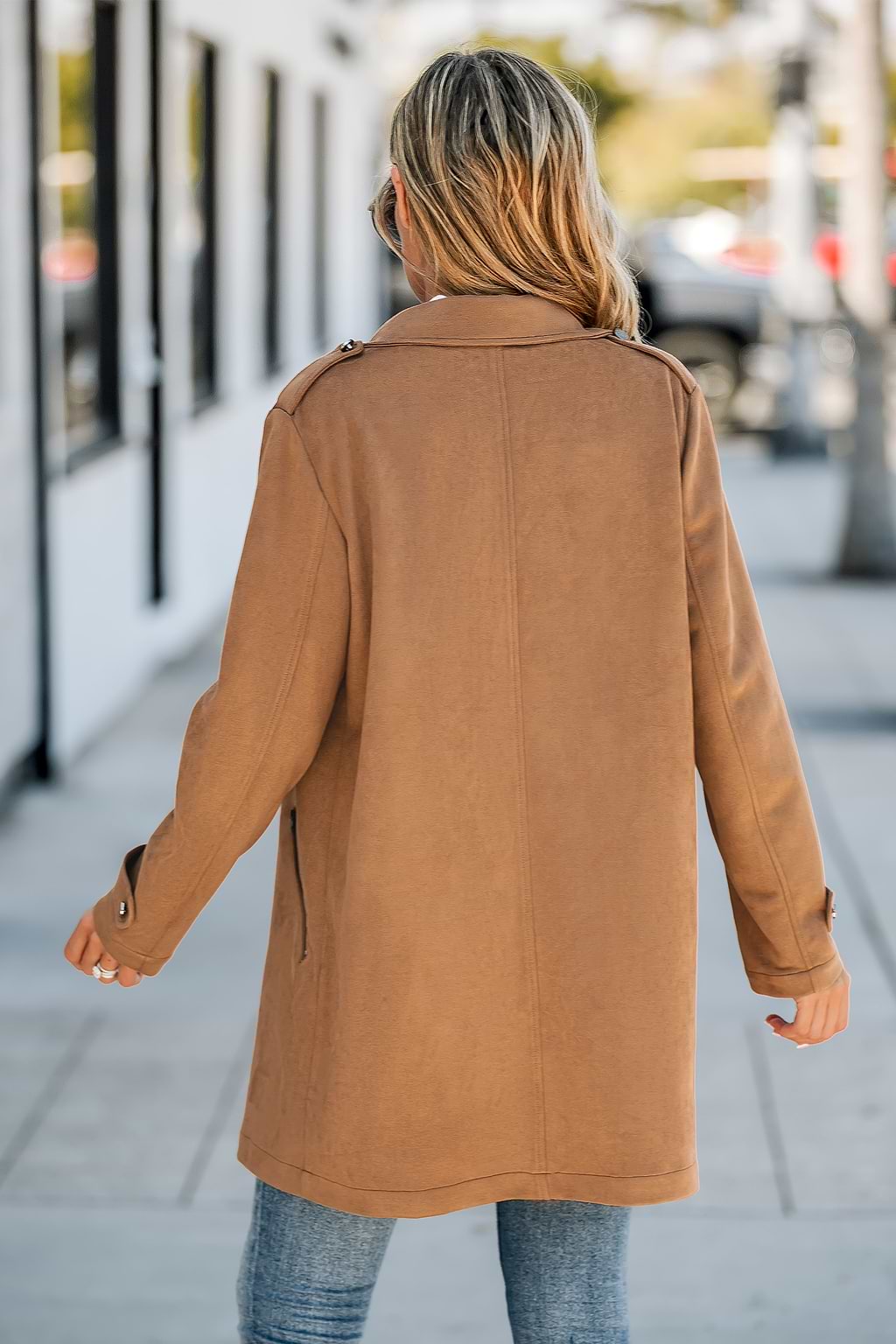Faux Suede Open-Front Trench Coat