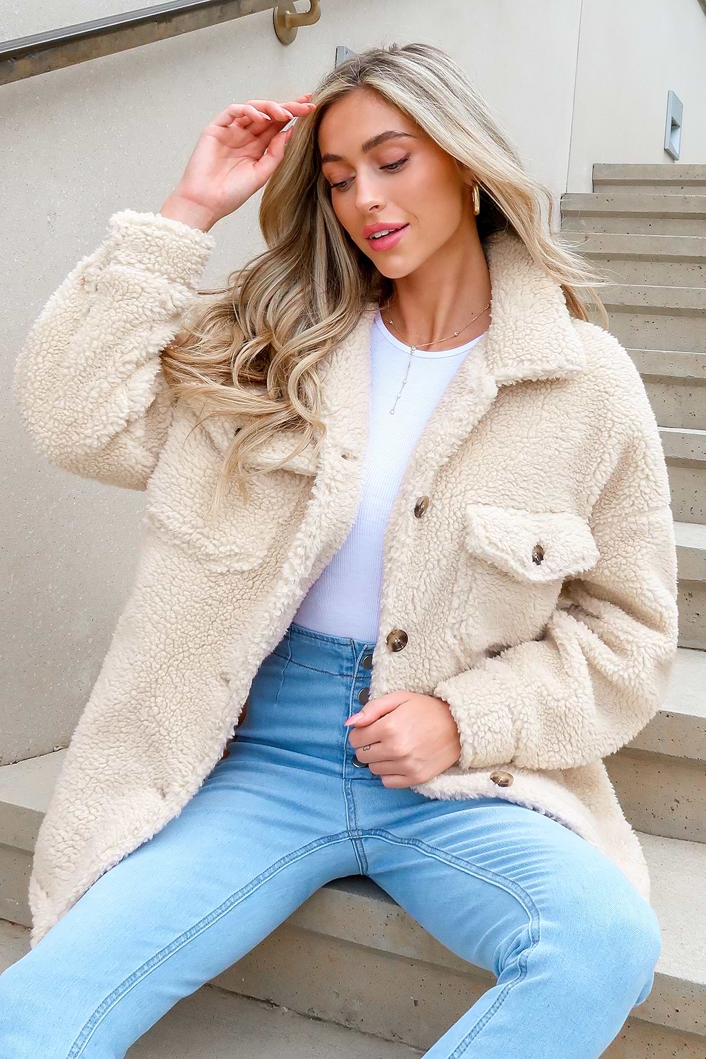 Faux Shearling Button-Front Teddy Coat