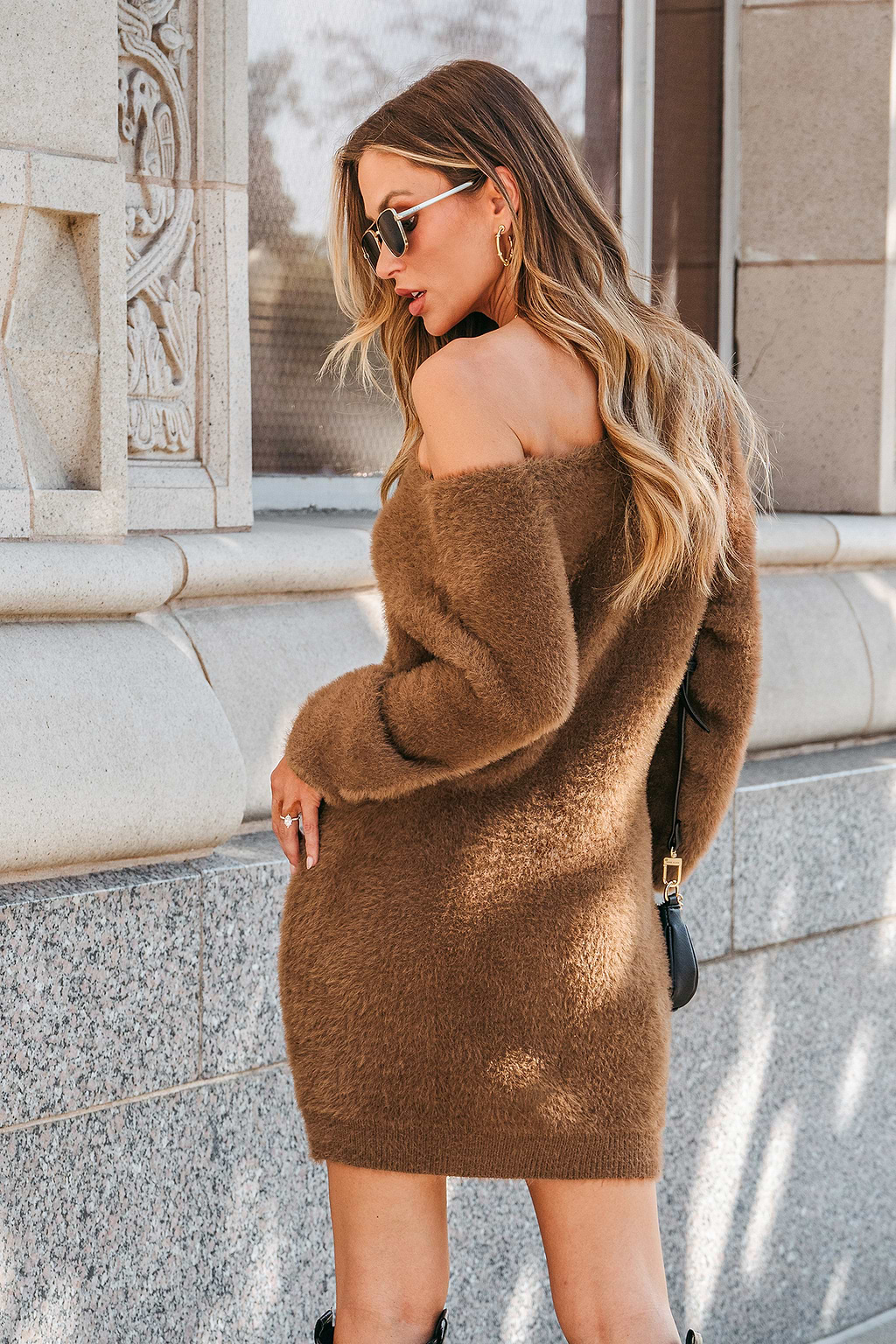 Fuzzy Knit One-Shoulder Sweater Dress