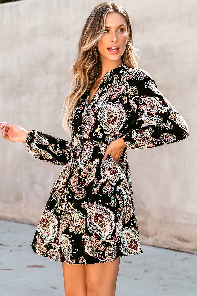 paisley a line dress Yumi Women's 3/4 Sleeves Paisley Wrap Midi Dress