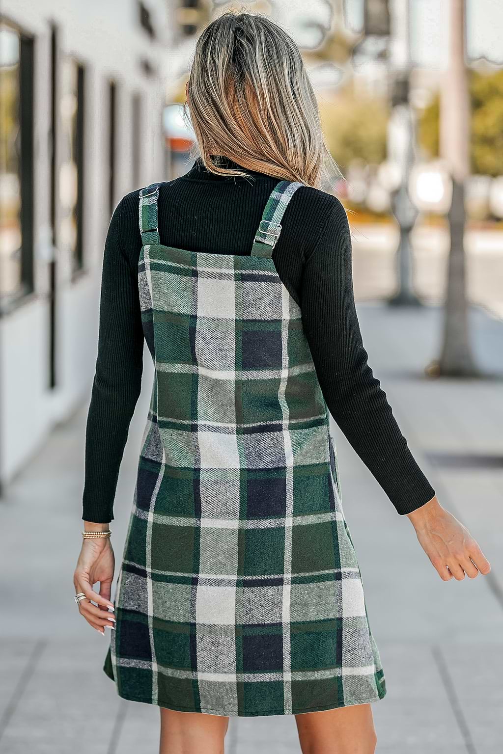 Plaid V-Neck Pockets Mini Dress