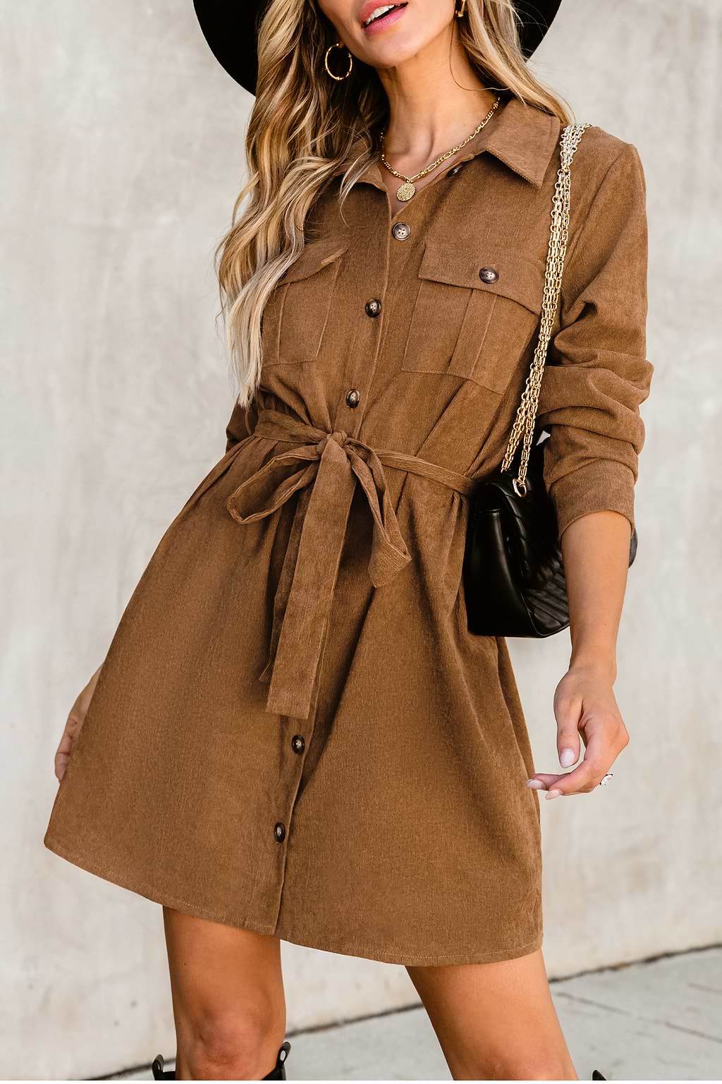 Belted Faux Suede Button-Front Dress