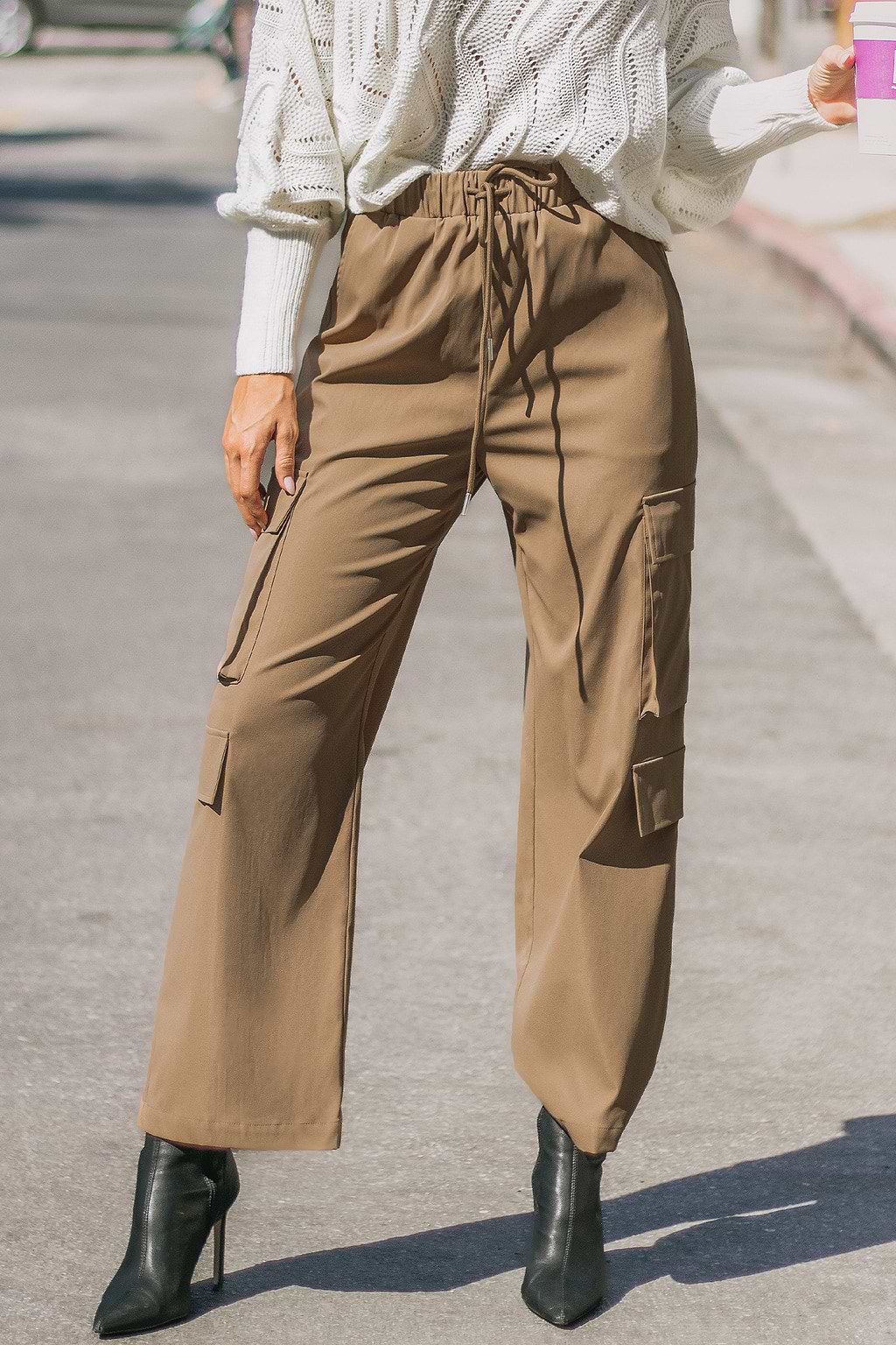 Latte Drawstring Waist Cargo Pants