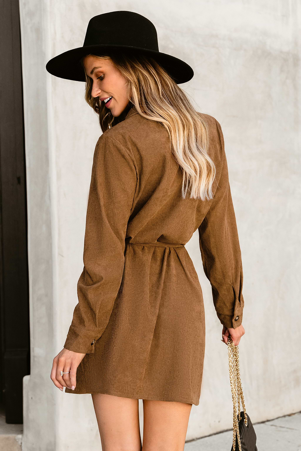 Belted Faux Suede Button-Front Dress