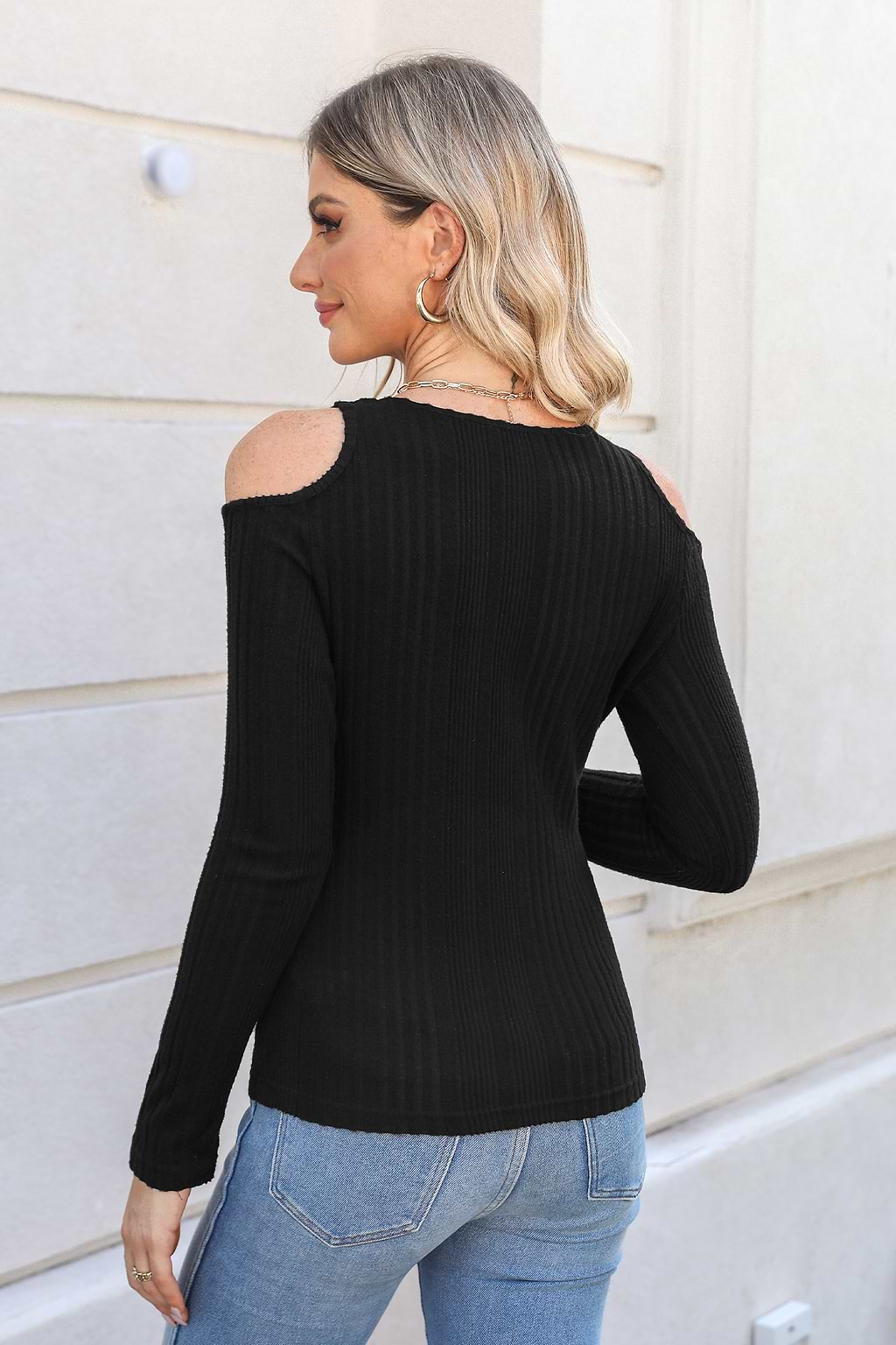 Ribbed Open-Shoulder Sweater