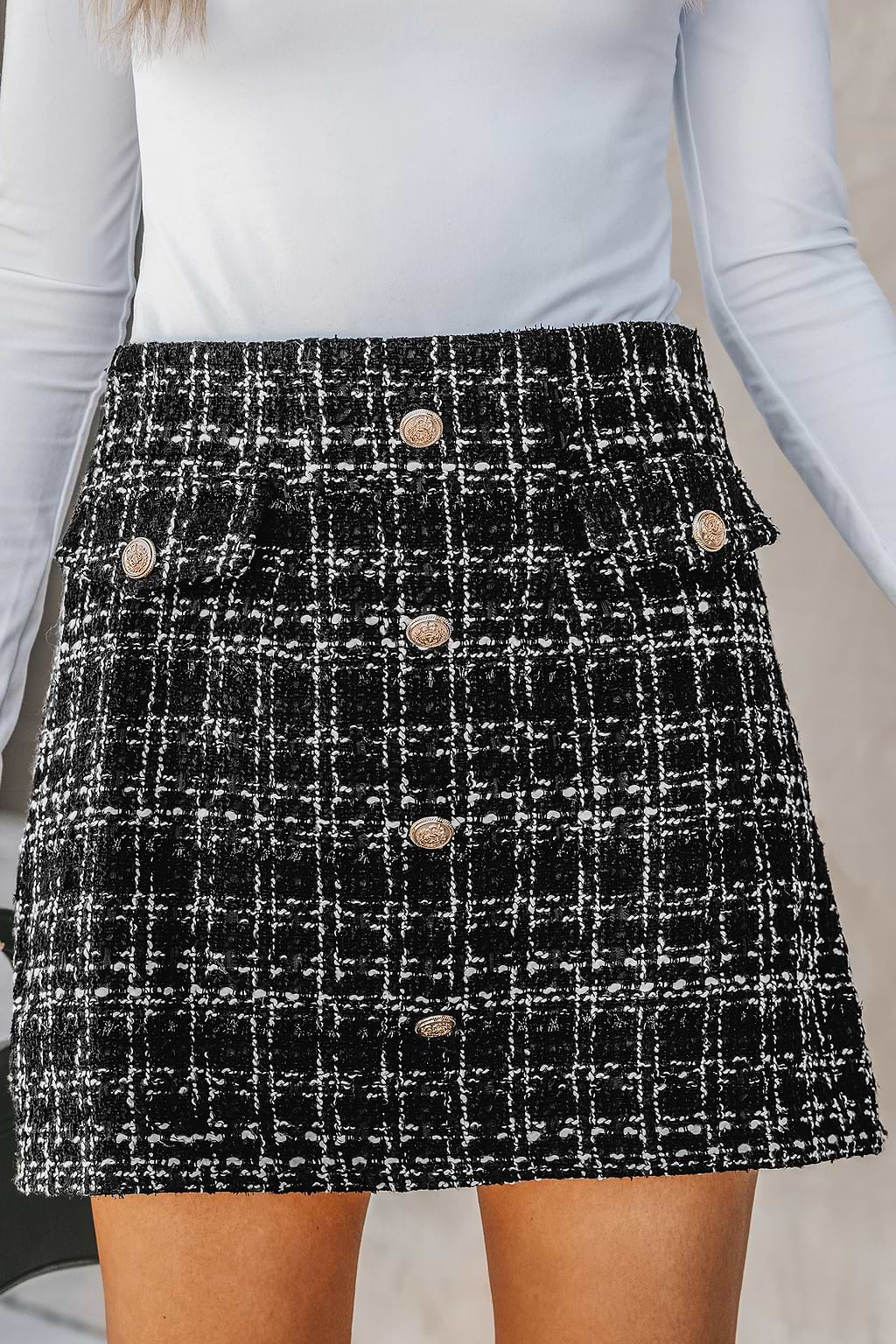 Tweed Button-Front Mini Skirt