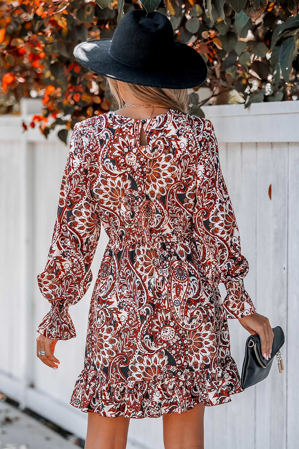 Paisley Floral Print Trumpet Sleeve Dress