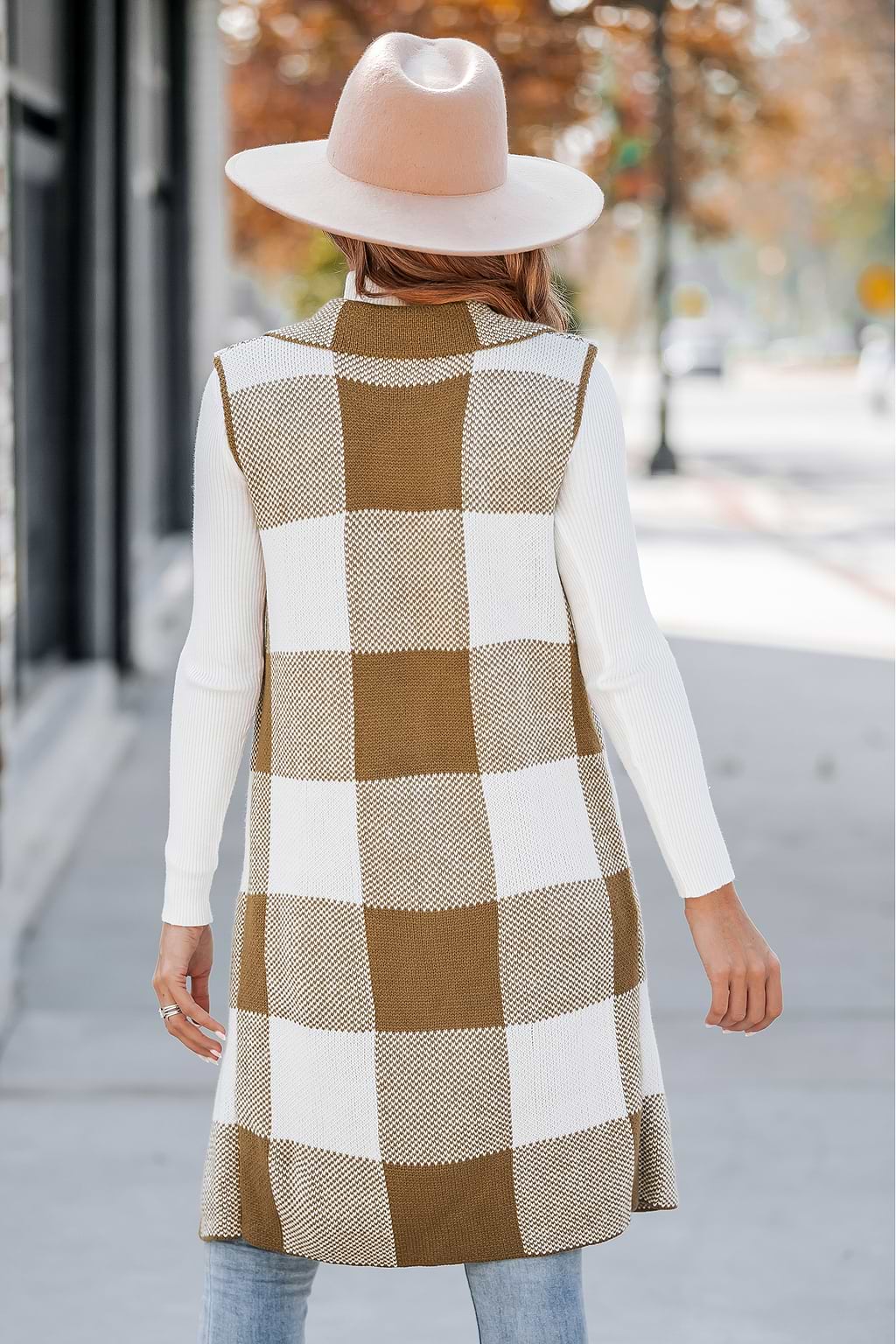 Gingham Sleeveless Longline Blazer