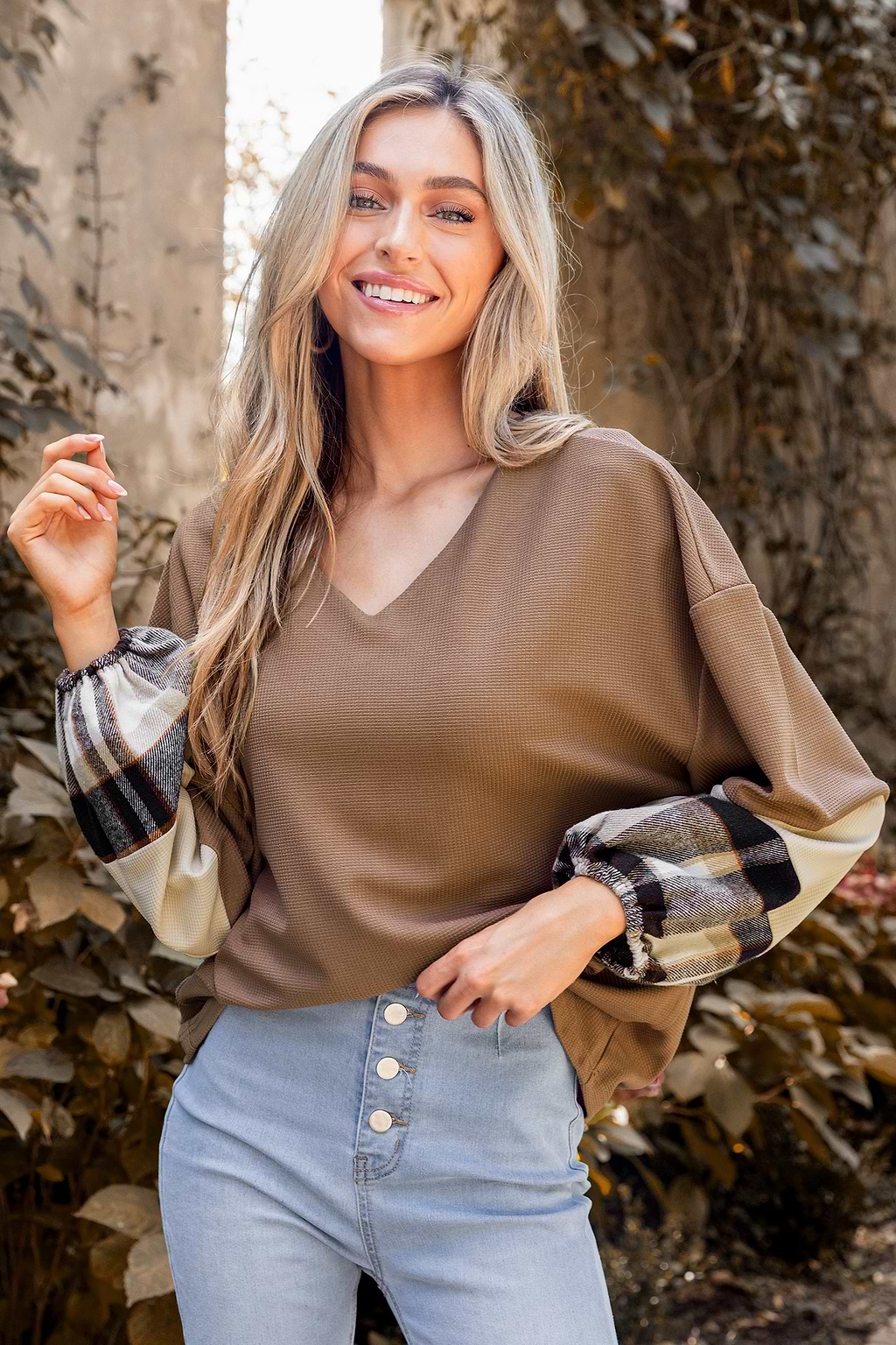 Jersey de manga larga con cuello en V y cuadros vichy